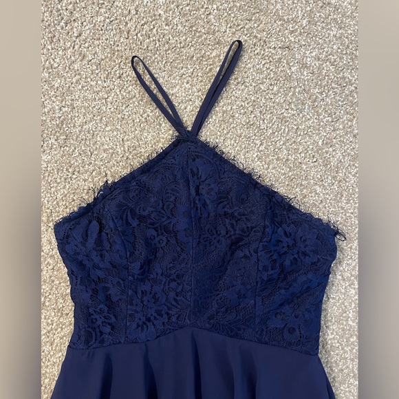 LuLu’s long navy dress. Flowy bottom. Lace top with v halter straps. Size M. - Picture 2 of 5